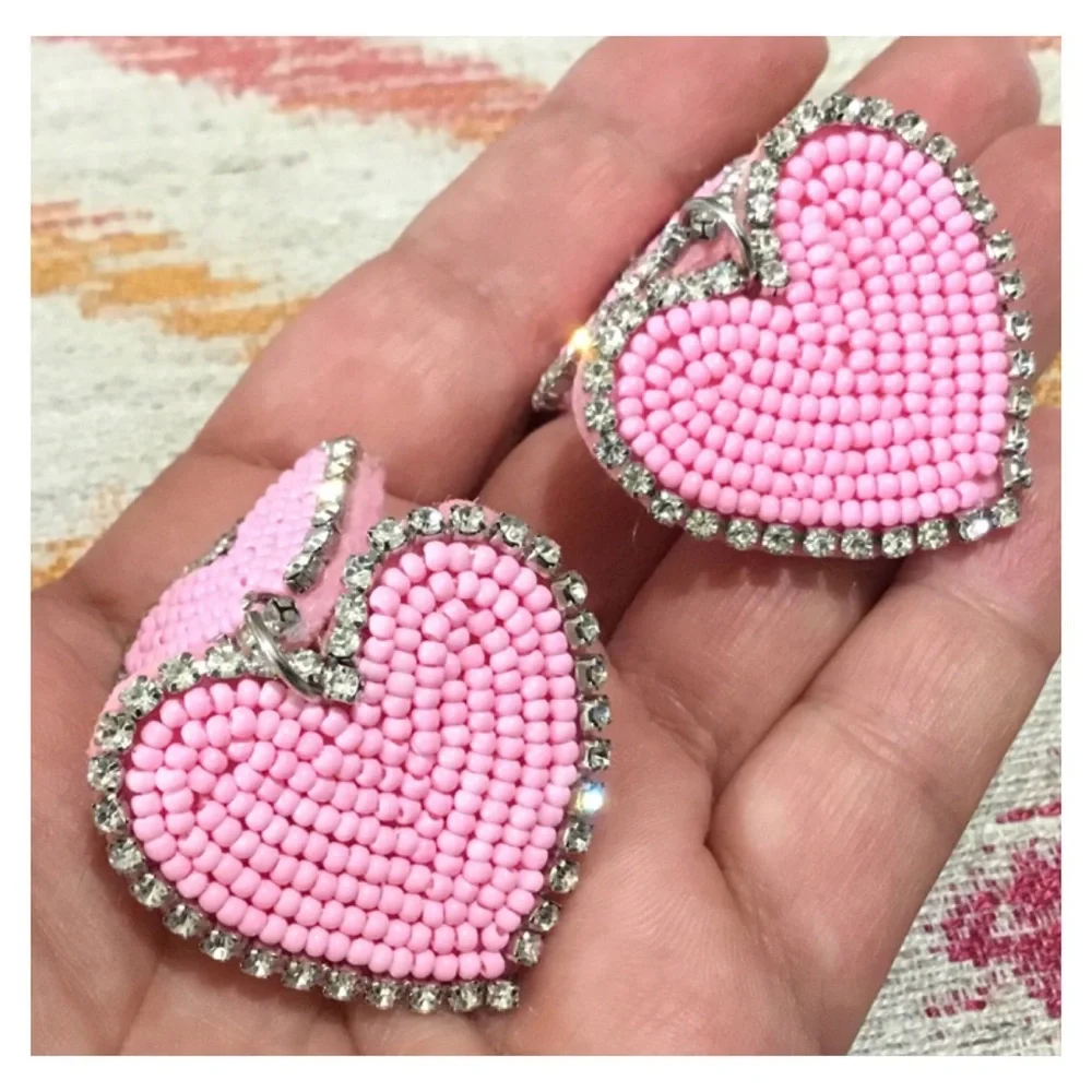 New! Large Pink Bead Rhinestone Hearts Studded Earrings
